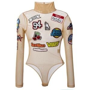 NWT GCDS Sheer Graphic Print Turtleneck Bodysuit Nude Streetwear Size L